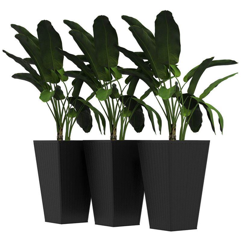 Outsunny Set of 3 Tall Planters with Drainage Holes, Outdoor & Indoor Flower Pot Set for Front Door, Entryway, Patio and Deck, Black