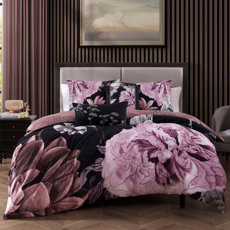 Midnight Meadow Black and Pink Cotton 5-Piece Reversible Comforter Set