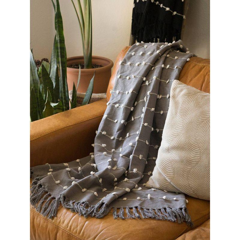 Chic Gray 50"x60" Cotton Woven Throw with Decorative Fringe