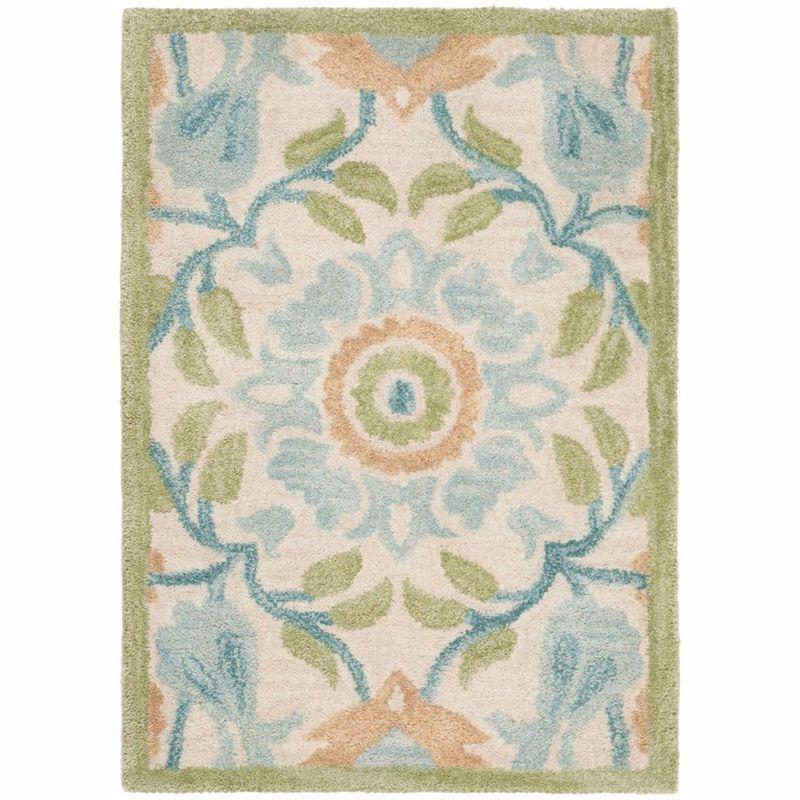 Ivory and Green Hand-Tufted Wool Floral Rug