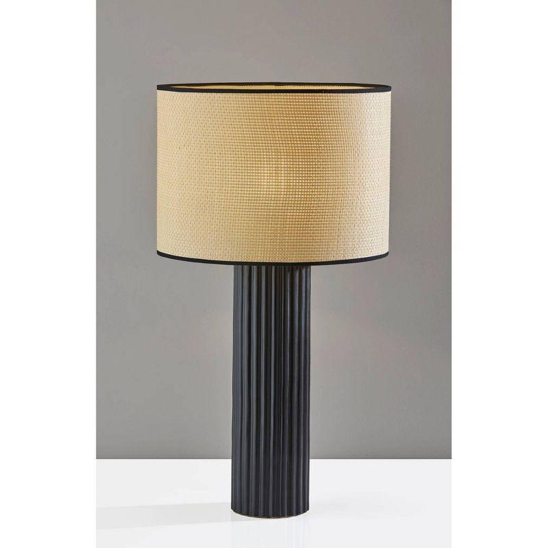 Large Black Ribbed Ceramic Table Lamp with Woven Shade