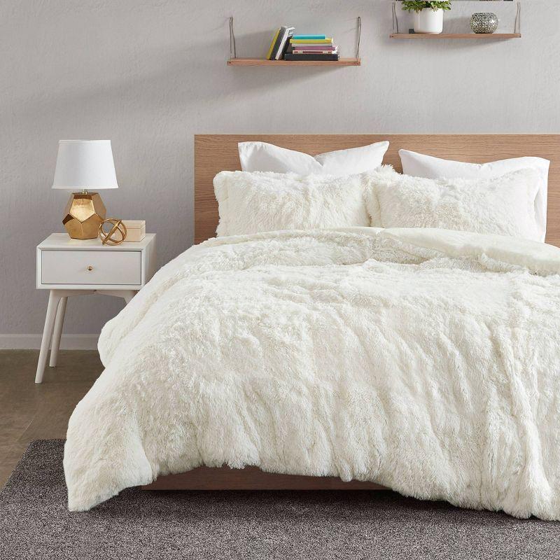 Ivory Shaggy Faux Fur Twin Duvet Cover Set