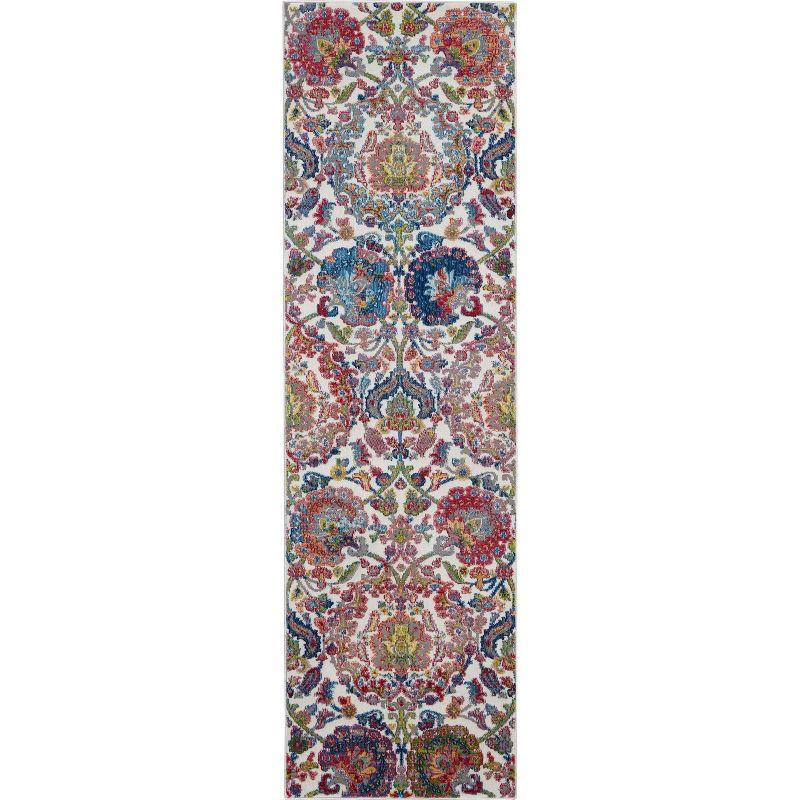 Hand-Knotted Ivory and Blue Floral Synthetic 2'x6' Runner Rug