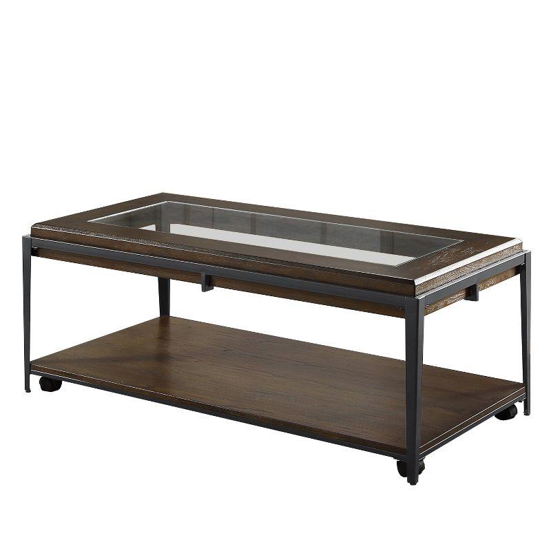 Espresso Rectangular Wood and Glass Cocktail Table with Iron Frame