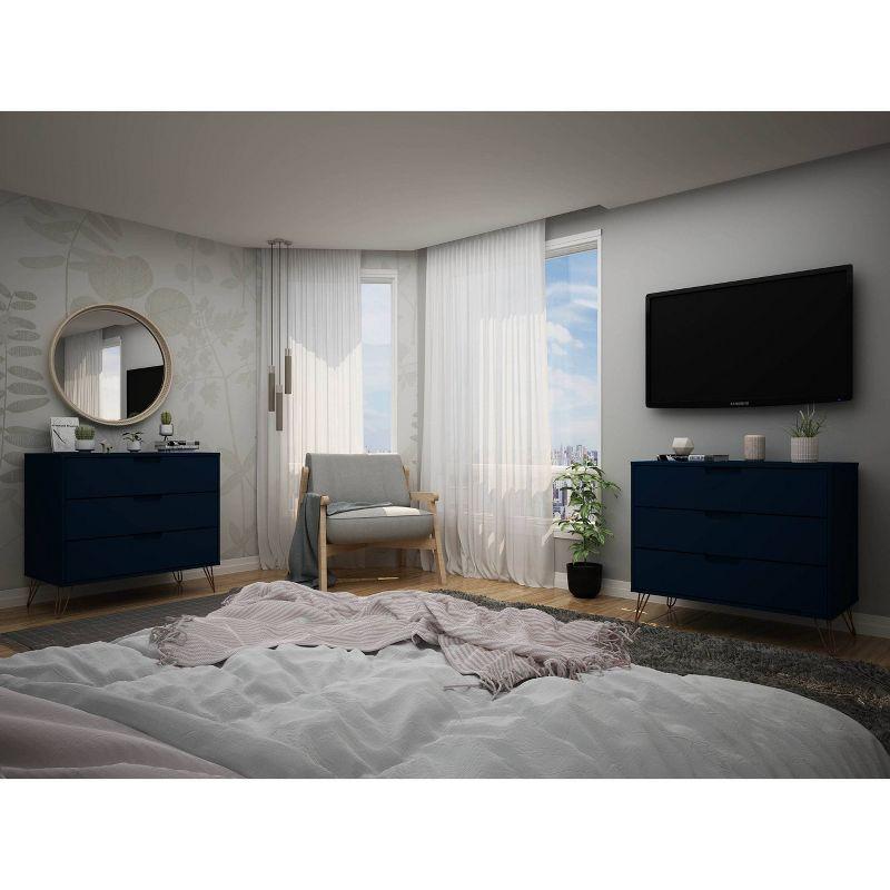 Manhattan Comfort Set of 2 Rockefeller 3 Drawer Dresser Tatiana Midnight Blue: MDF Bedroom Storage, Easy-Glide, Includes Anti-Tip Hardware
