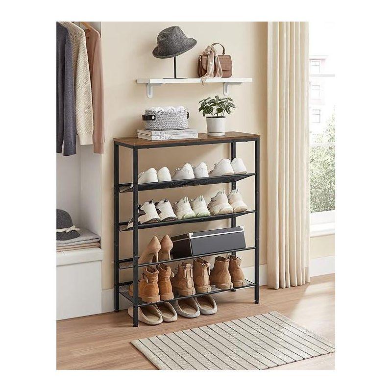 VASAGLE 5-Tier Rustic Brown and Black Shoe Rack with Fabric Shelves