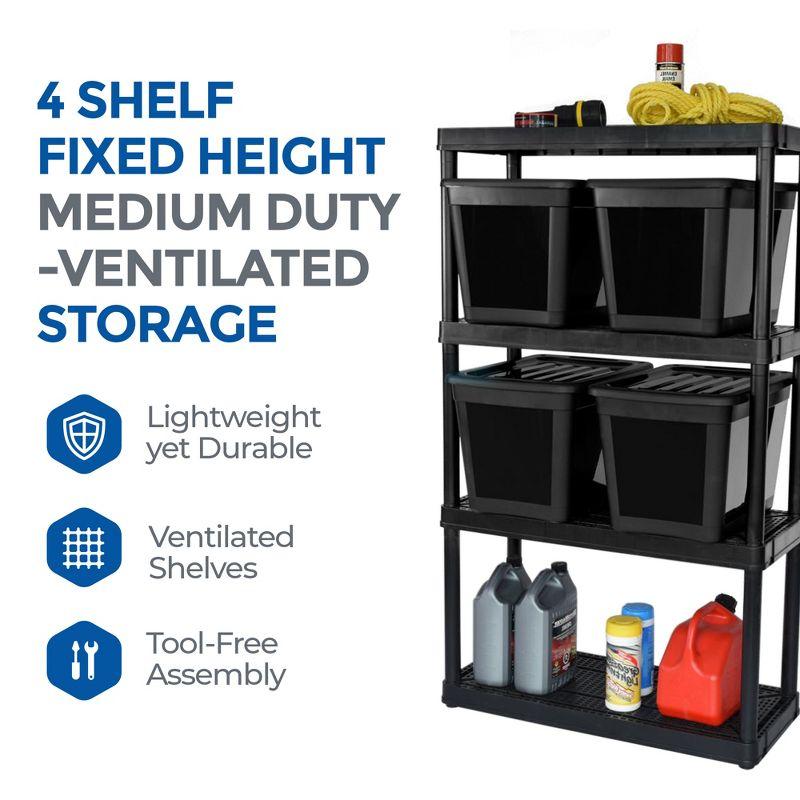 Sleek Black 4-Tier Ventilated Resin Shelving Unit with Bins