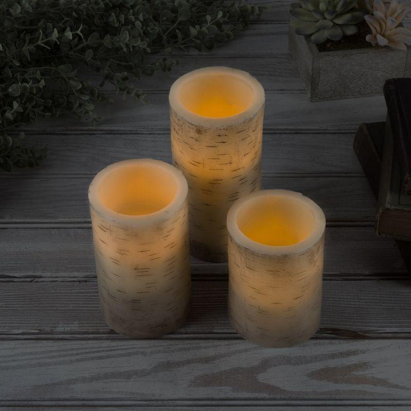 Flickering Flameless LED Candles with Birch Bark- Set of 3 Battery Operated Real Wax Pillar Candles with Remote Control and Timer by Lavish Home