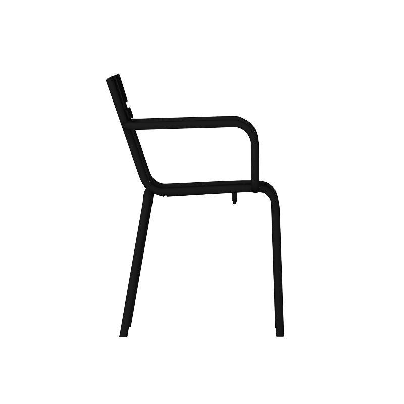 Emma and Oliver Set of 2 Powder Coated Steel Stacking Dining Chairs with Arms and 2 Slat Backs for Indoor-Outdoor Use in Black