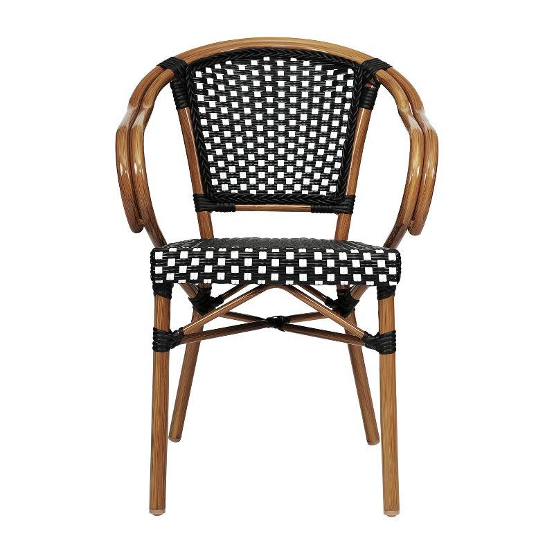 Merrick Lane Sacha Set of Four Stacking Thonet Bistro Style Chair with Arms, Black & White PE Rattan Seat, & Bamboo Metal Frame for Indoor/Outdoor Use