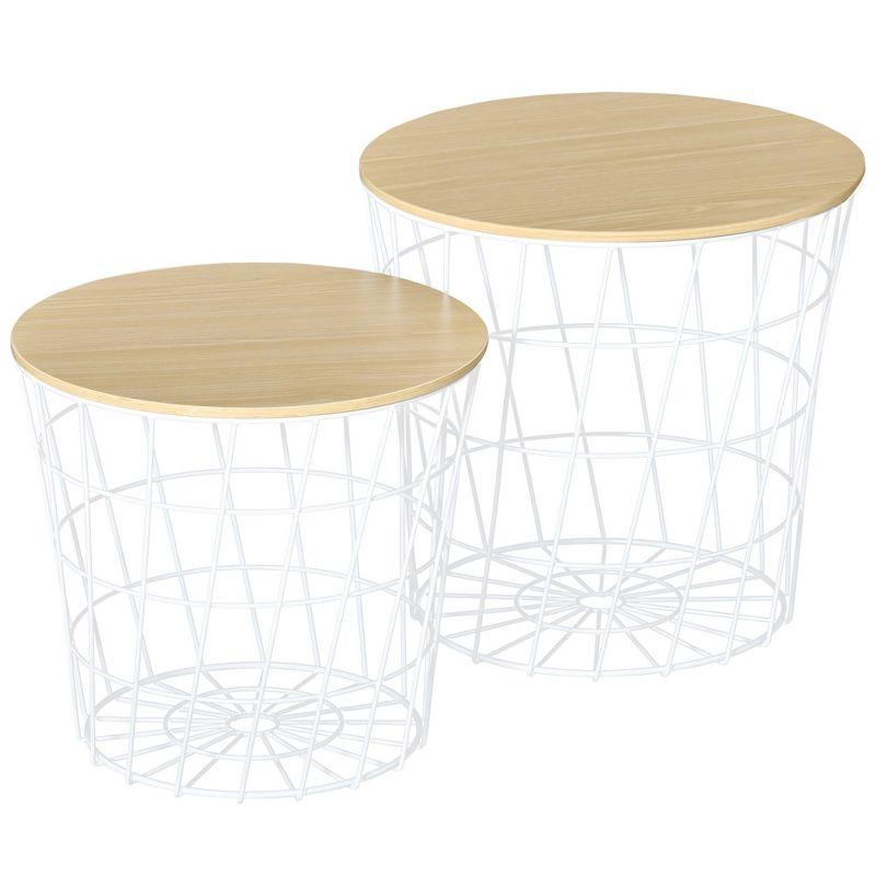 Set of 2 Round White Metal and Wood Nesting Tables