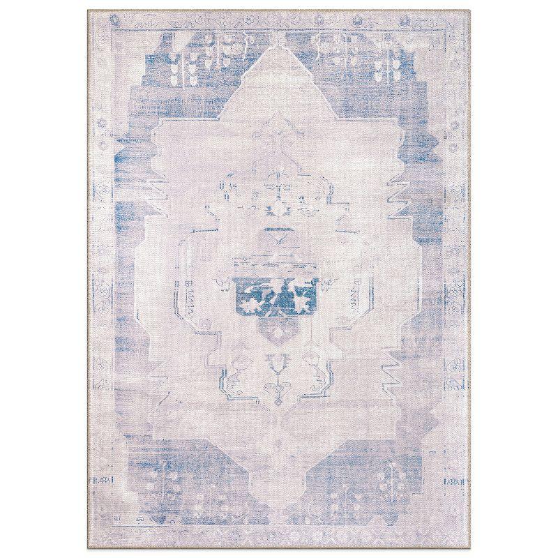 Blue and Cream Vintage Medallion Washable Area Rug