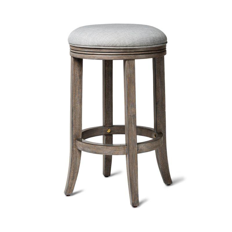 Maven Lane Eva Counter Stool in Reclaimed Oak Finish with Ash Grey Fabric Upholstery