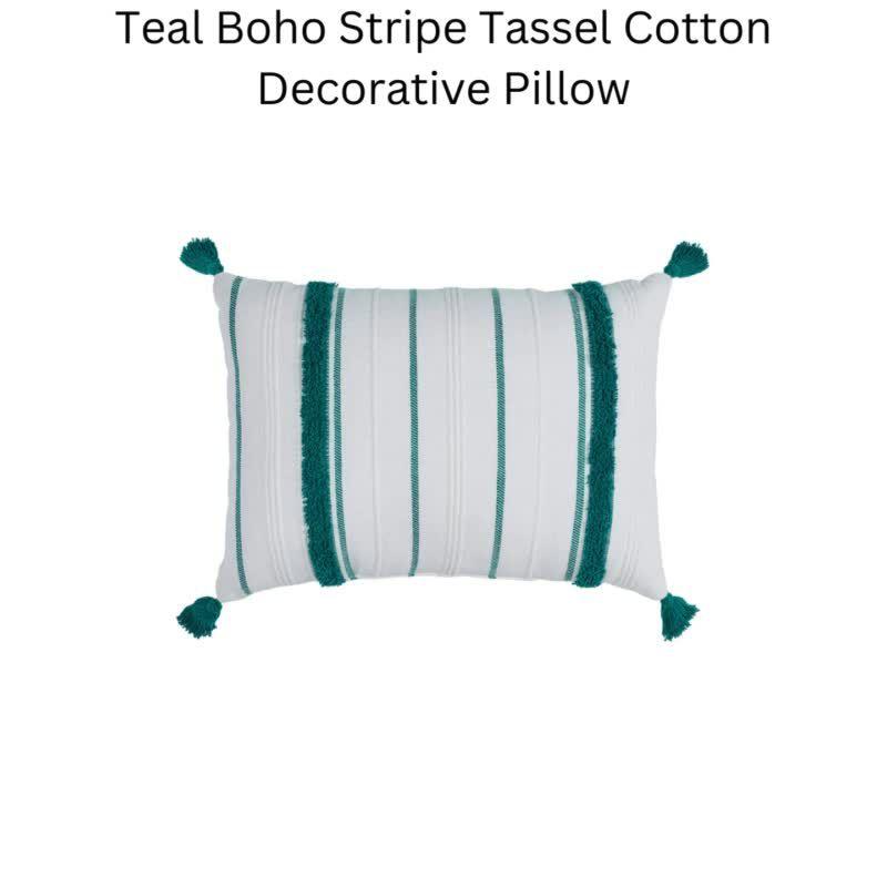 VCNY 14"x20" Oversize Boho Striped Tassel Cotton Lumbar Throw Pillow Teal: Sheltered Outdoor Use, Hidden Zipper