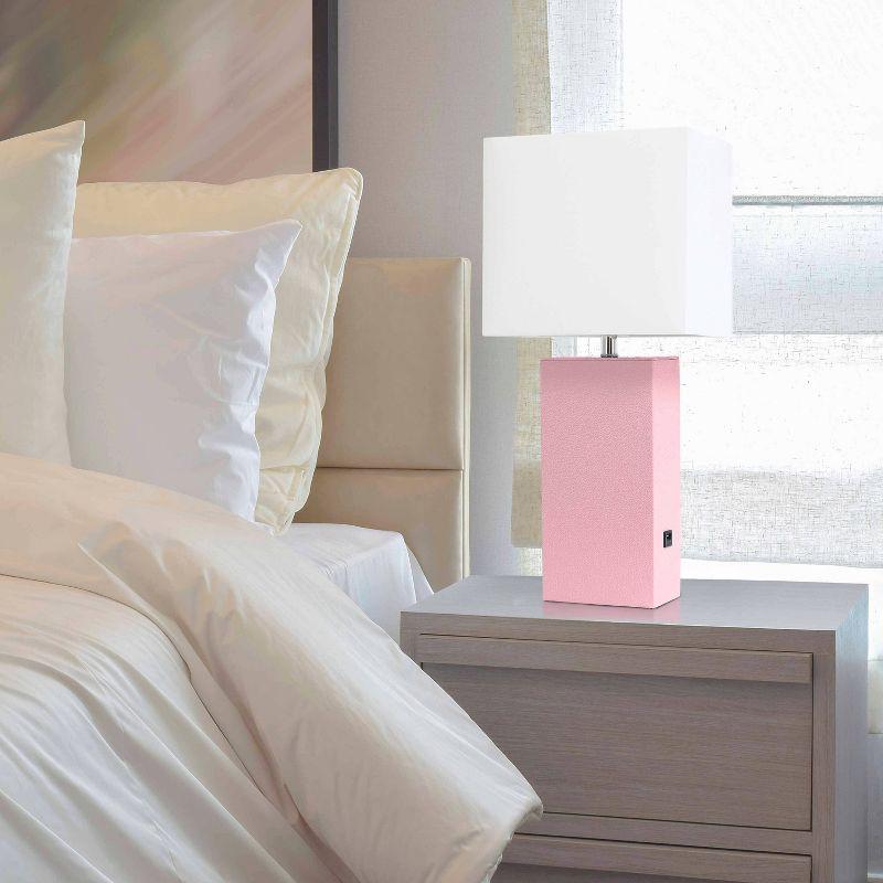 Elegant Designs 21" Modern Leather Wrapped Table Lamp with USB Port and Feit LED (Includes LED Light Bulb) Pink