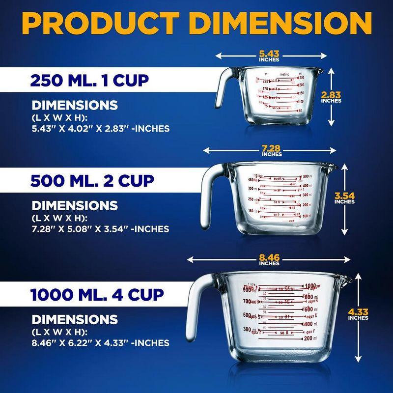 NutriChef 3pc Premium Glass Measuring Cup Set with Easy-Grip Handles - NCGL3MES