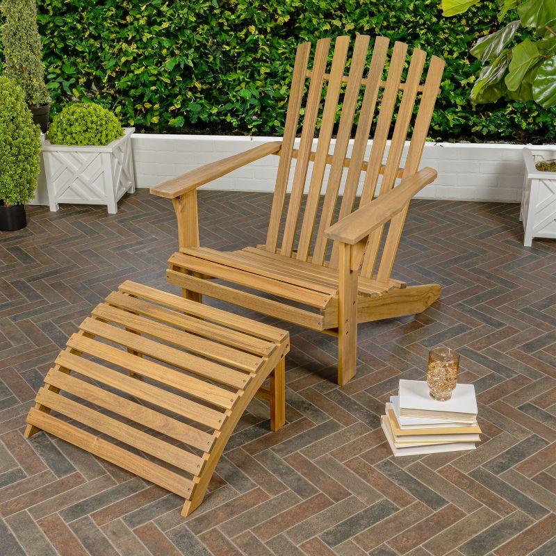 Saranac 2-Piece Traditional Rustic Acacia Wood Adirondack Chair with Detachable Ottoman, Teak Brown - JONATHAN Y