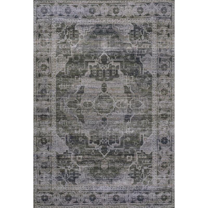 Alanya Dark Green and Gray Medallion Washable 8' x 10' Area Rug