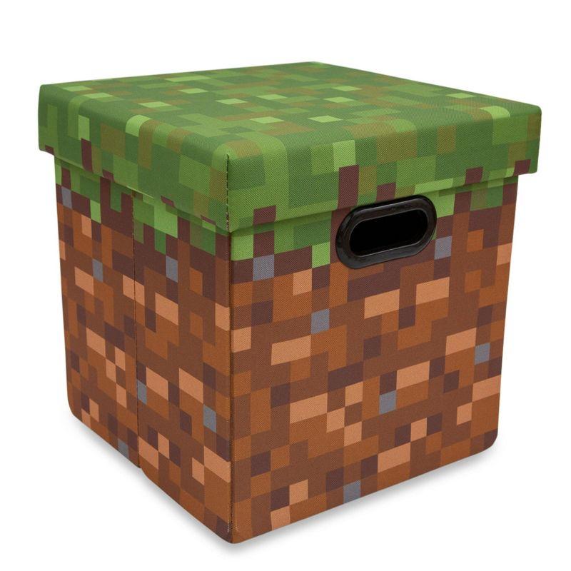 Ukonic Minecraft Grassy Block Fabric Storage Bin Cube Organizer with Lid | 13 Inches