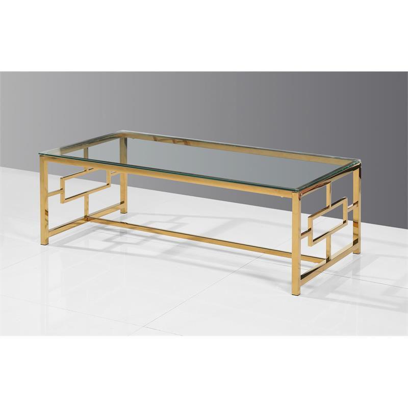 Rectangular Gold and Clear Glass Coffee Table with Stainless Steel Base