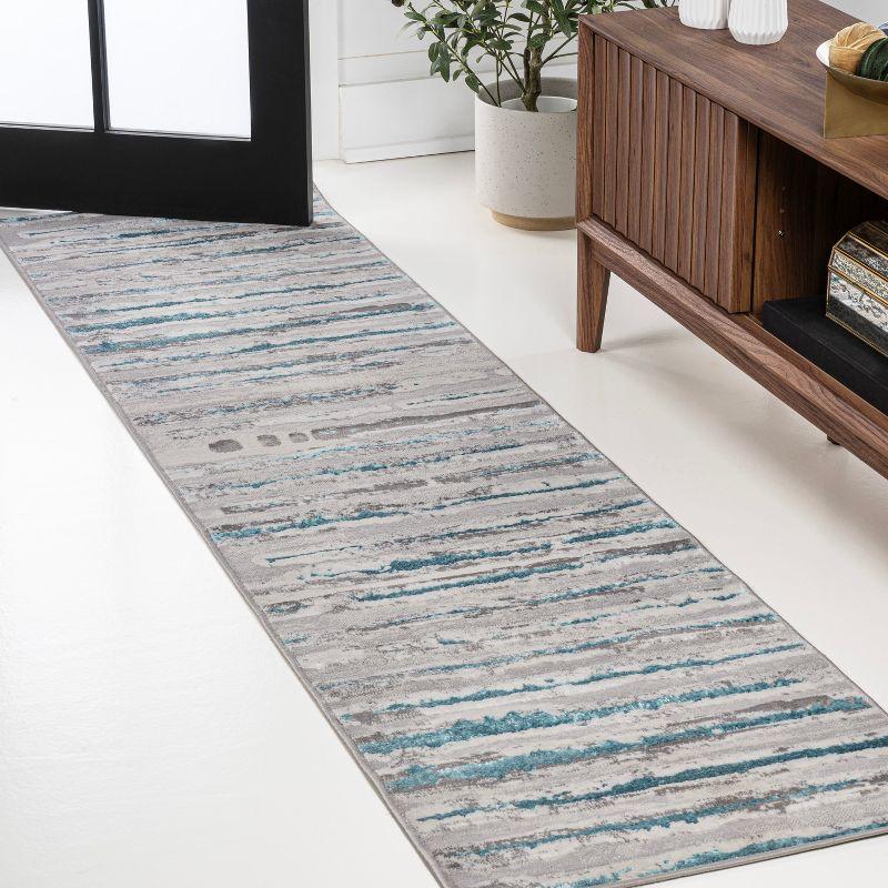 Gray and Turquoise Striped Synthetic Runner Rug