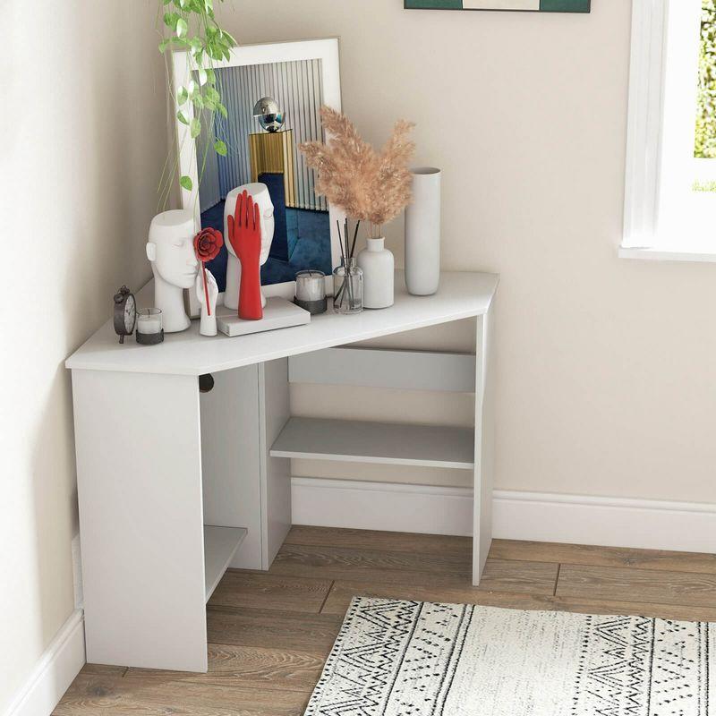 Costway Corner Computer Desk Triangle Writing Workstation w/ Storage Shelf White
