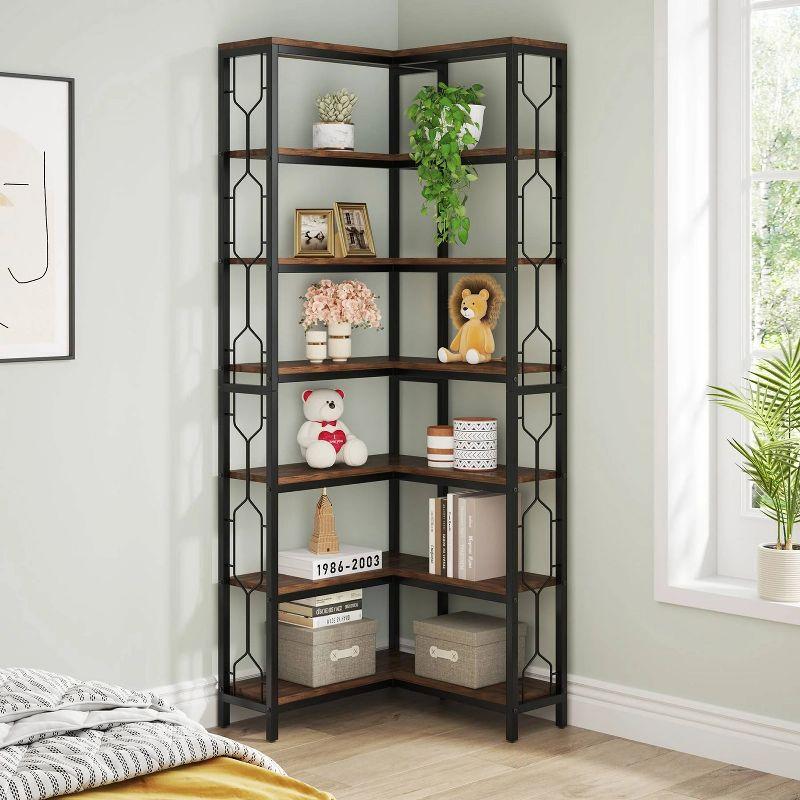 Rustic Brown 7-Tier Industrial Corner Bookshelf with Metal Frame