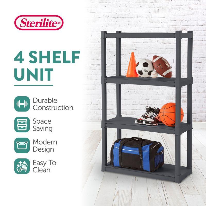 Sterilite Plastic Indoor Outdoor 4 Shelf Durable Shelving Unit, Gray