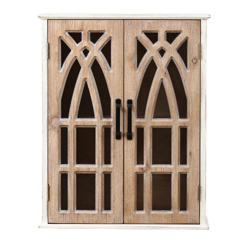 Farmhouse White and Natural Wood Cathedral-Style Wall Cabinet