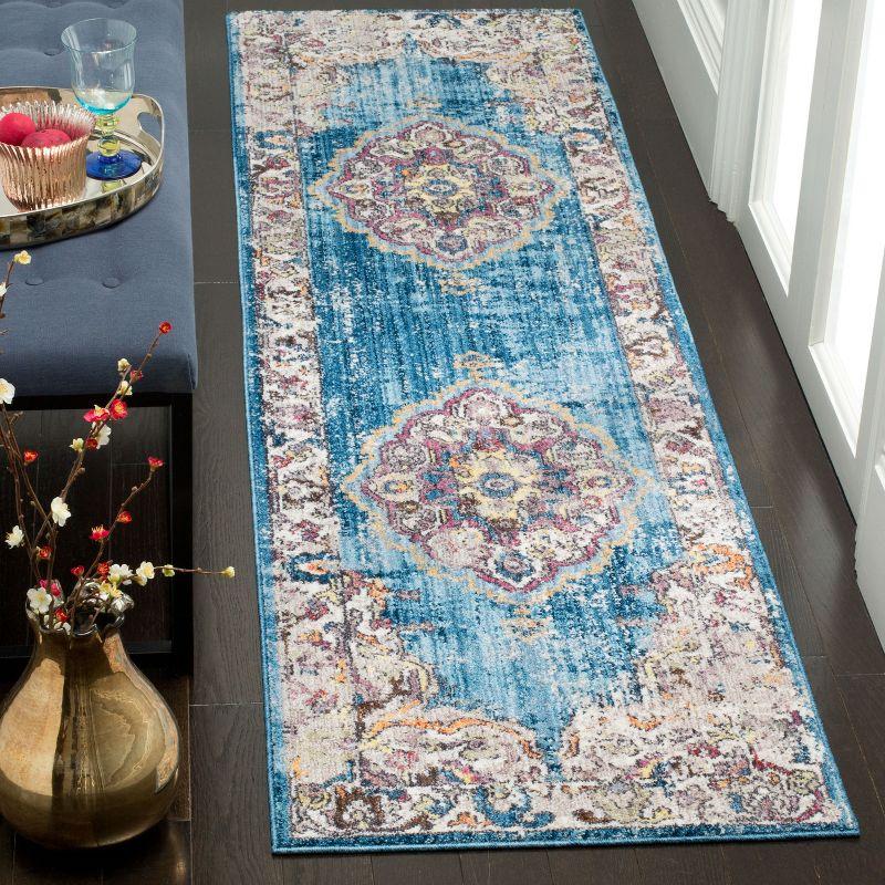 Blue and Light Grey Hand-Knotted Synthetic Runner Rug