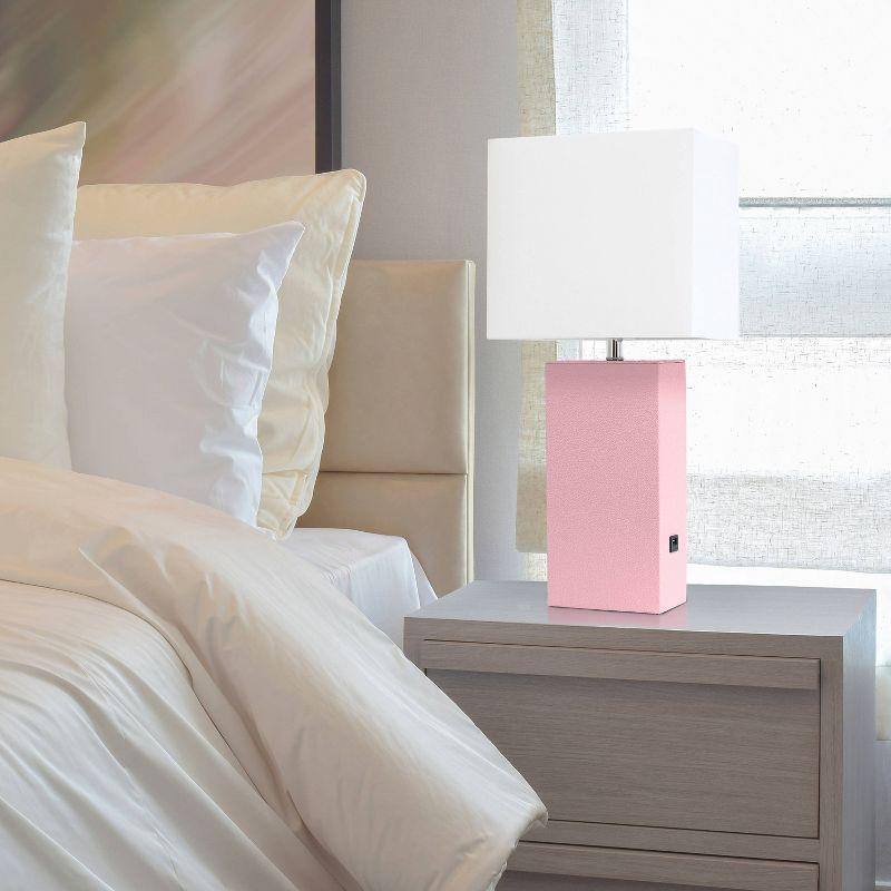 Modern Leather Table Lamp with USB, White Linen Shade, No Assembly - Elegant Designs: UL Listed, 1-Way Switch