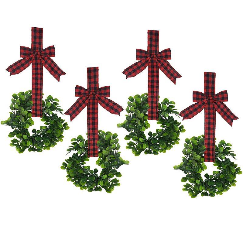 KOVOT Set of 4 Hanging Wreaths with Plaid Ribbon Bow. Christmas Decoration for Cabinets, Behind Chairs, Doors, Railings & Windows - Black & Red