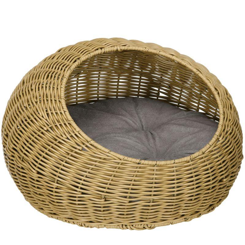 PawHut Rattan Cat Bed, Wicker Cat House Basket with Washable Cushion for Small Indoor Cats and Dogs, Light Brown