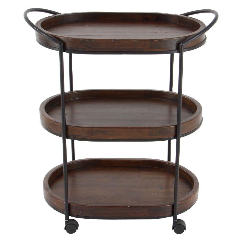 Olivia & May Wood 3 Tier Oval Tray Cart Brown: Pine Rolling Bar Cart with Fixed Shelves, No Assembly Required