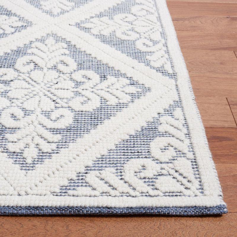 Hand-Knotted Blue and Ivory Wool Rectangular Area Rug