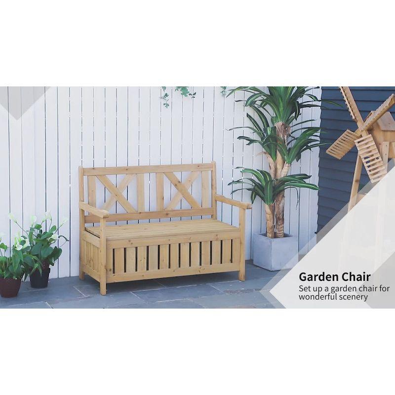 White Fir Wood Garden Storage Bench with Louvered Panels