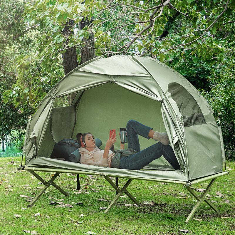 Green Single-Person Elevated Camping Tent Cot with Carry Bag