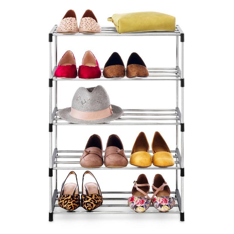 Whitmor 5 Tier Shoe Rack Silver: Steel & Plastic Frame, Holds 10 Pairs, Freestanding, 28.5" H x 19.7" W x 10.1" D