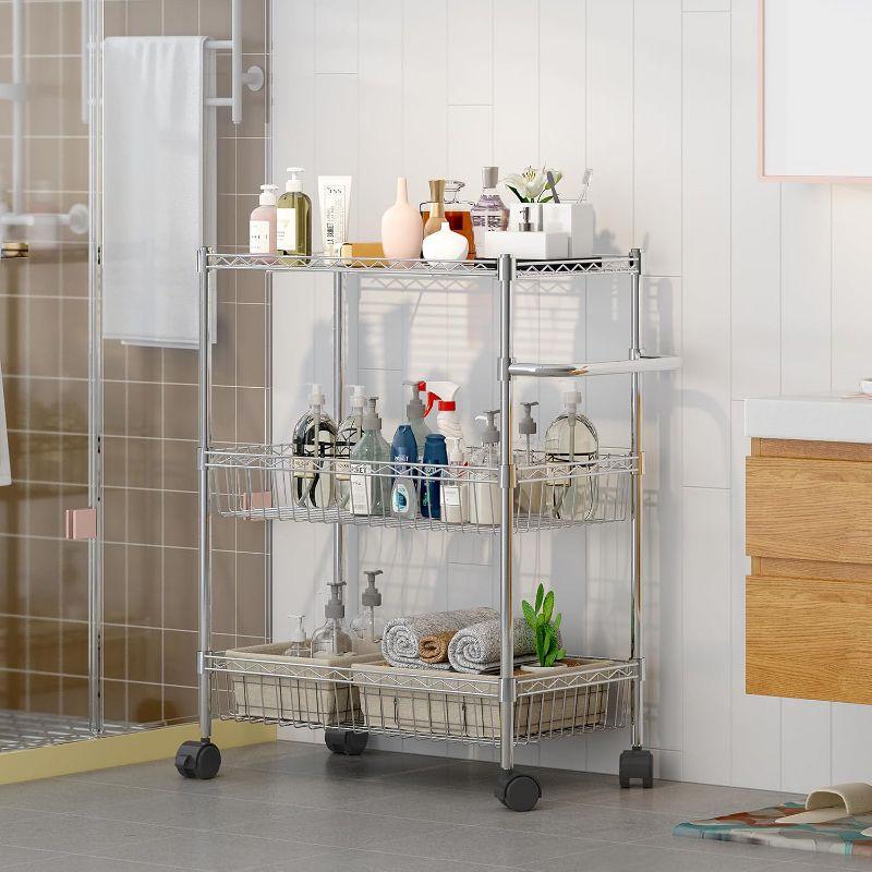 3 Tier Rolling Cart, Metal Kitchen Cart On Wheels with Baskets, Wire Shelving Storage Cart with Handles for Kitchen Bathroom Office Laundry, Chrome