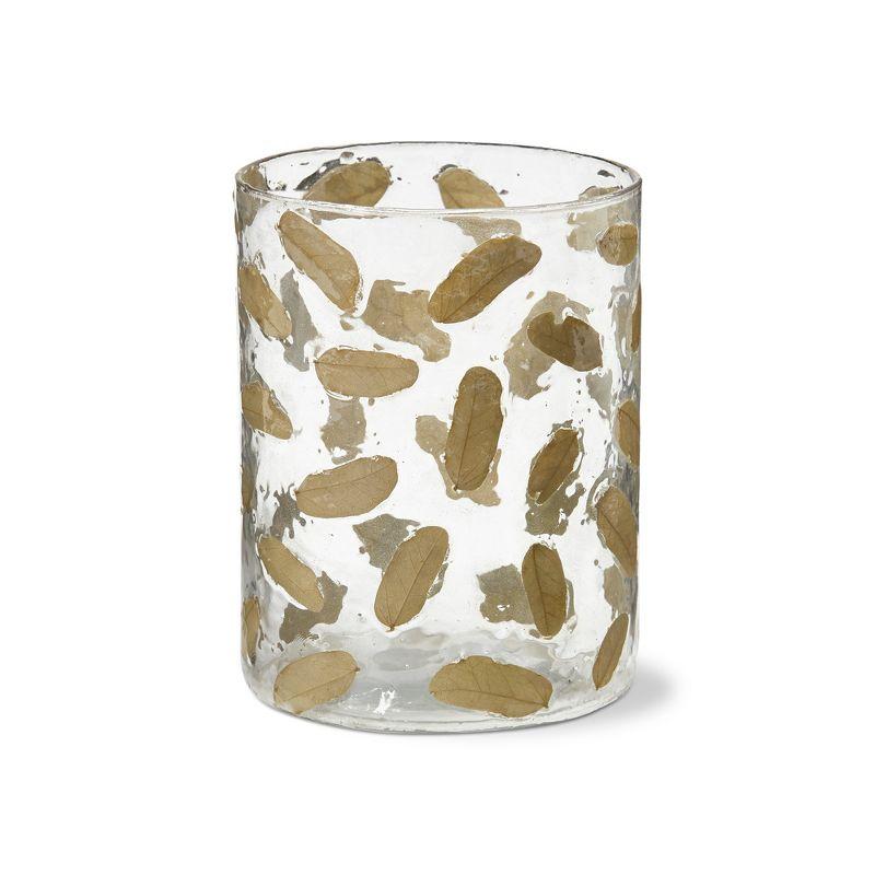 tag Botanica Clear Glass Pillar Candle Holder with Embedded Small Brown Leaves Hurricane, 3.9L x 3.9W X 5.1H inch
