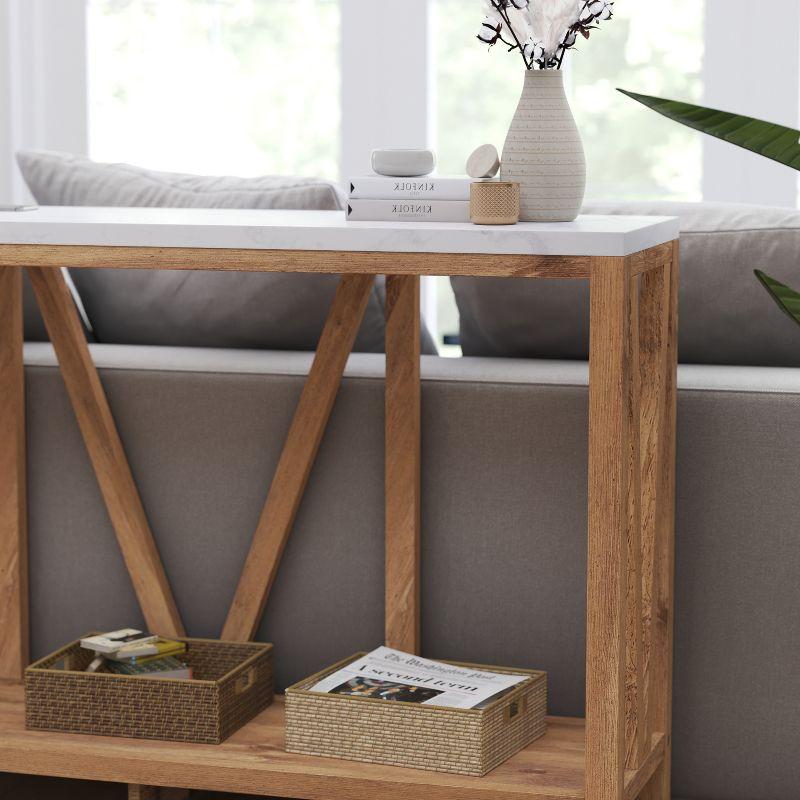 Warm Oak and Marble Modern Farmhouse Console Table with Shelf