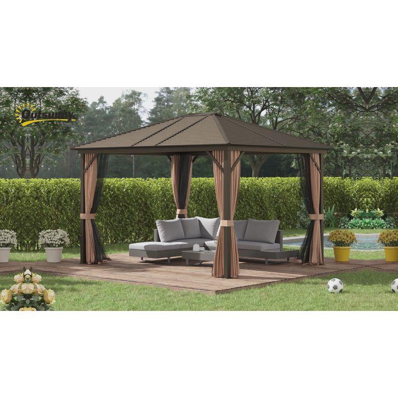 Outsunny 10' x12' Hardtop Gazebo with Aluminum Frame, Permanent Metal Roof Gazebo Canopy with 2 Hooks, Curtains and Netting for Garden