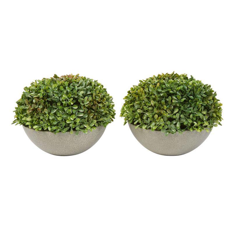 Pure Garden Faux Boxwood Set of 2 Matching Realistic 6" Tall Topiary Arrangements in Decorative Stone Bowls for Indoor Home or Office