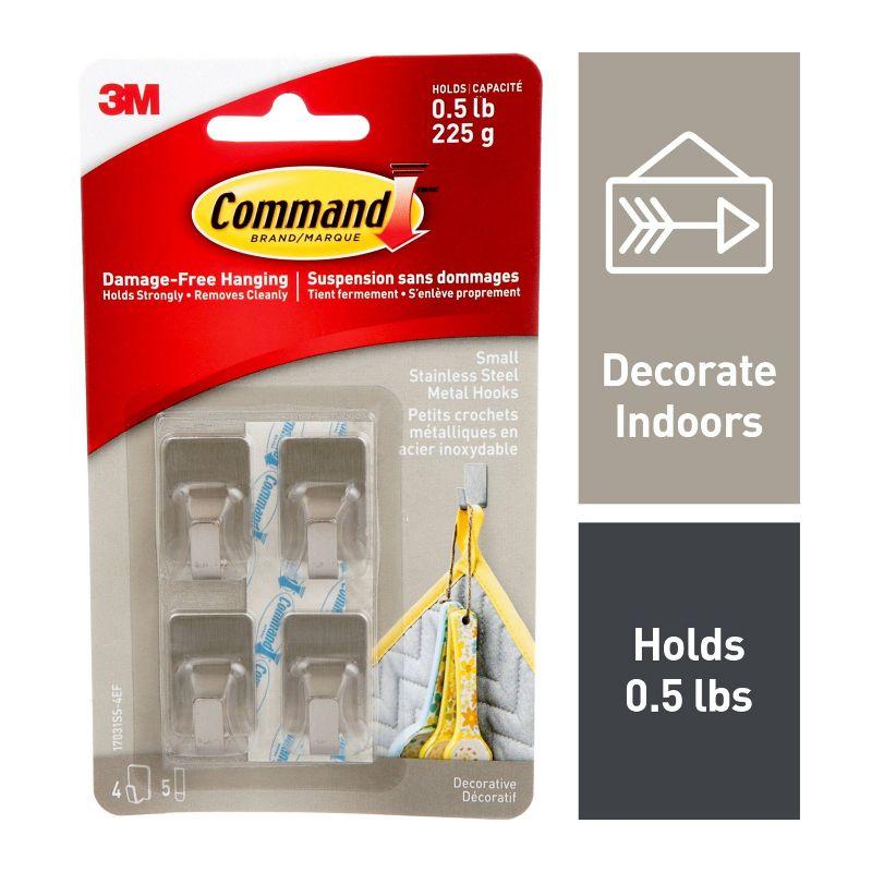 Command Small Sized Metal Decorative Hooks Stainless Steel: Metallic Wall Hooks, Adhesive, 0.5 lb Capacity, Set of 4