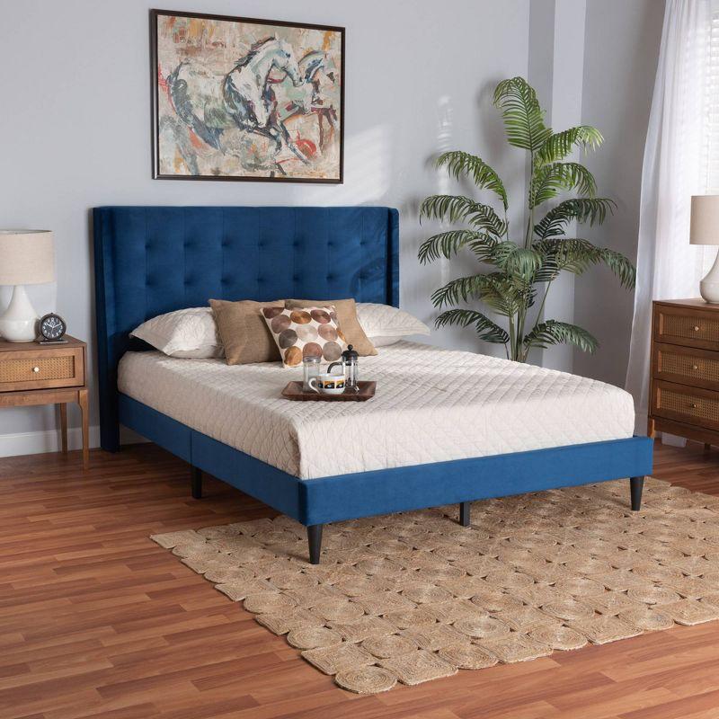 Elegant Navy Blue Velvet King Platform Bed with Tufted Wingback Headboard