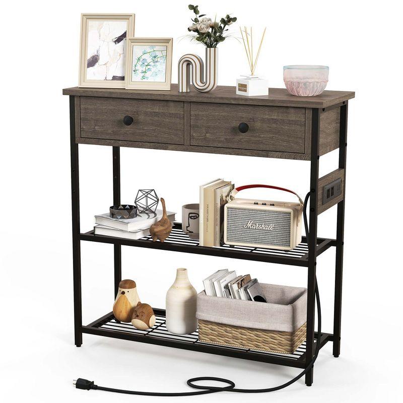 Grey Oak and Black Metal Console Table with Storage and Charging Station