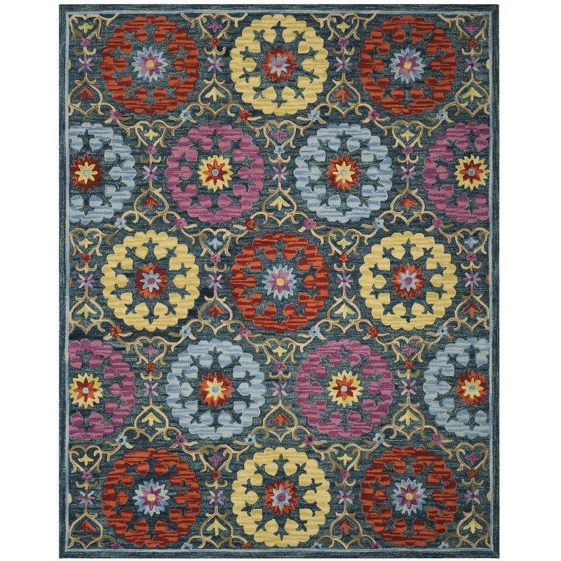 Handmade Blue Floral Wool 8' x 10' Rug