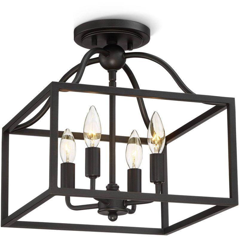 Franklin Iron Works Elle Rustic Industrial Ceiling Light Semi Flush Mount Fixture 13" Wide Black 4-Light Square Cage for Bedroom Living Room Kitchen