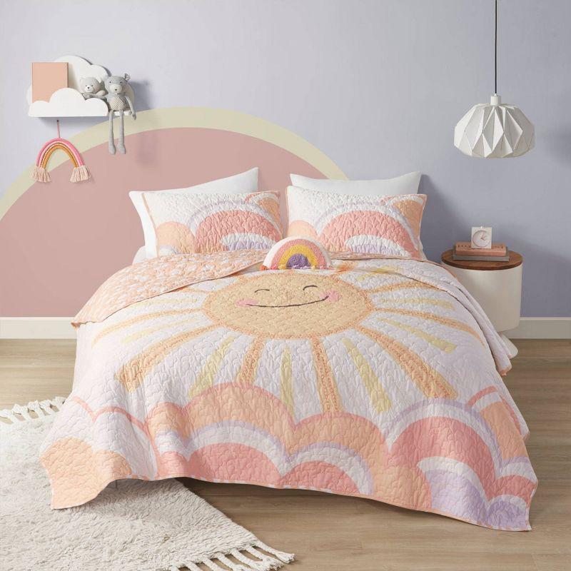 Intelligent Design Kids Dawn Sunshine Clouds Yellow/Coral 100% Cotton Reversible Quilt Set Full/Queen