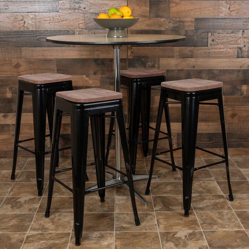 Industrial Chic 30" Stackable Black Metal and Wood Bar Stool, Set of 4